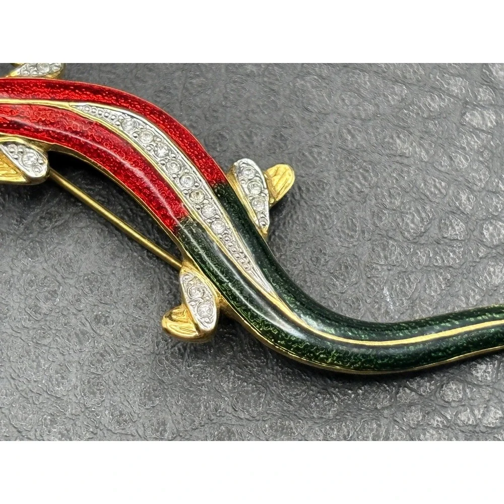 Vintage Red Green Enamel Rhinestone Crystal Lizard Salamander Brooch Pin